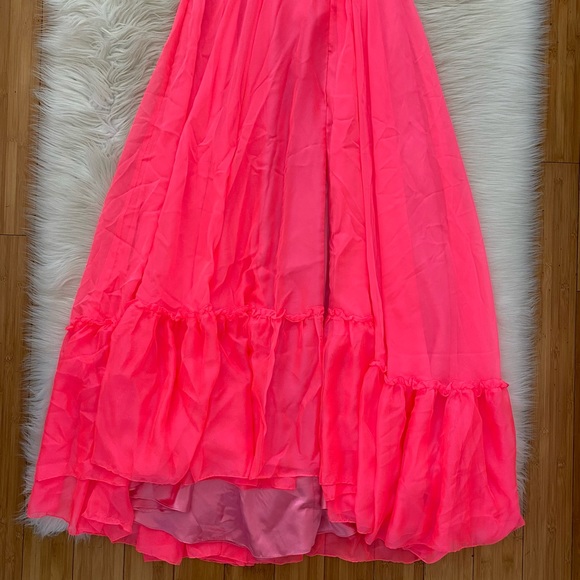 Mac Duggal Neon Hot Pink High Neck Sleeveless Tiered Chiffon Halter Gown 67816 - Picture 5 of 12